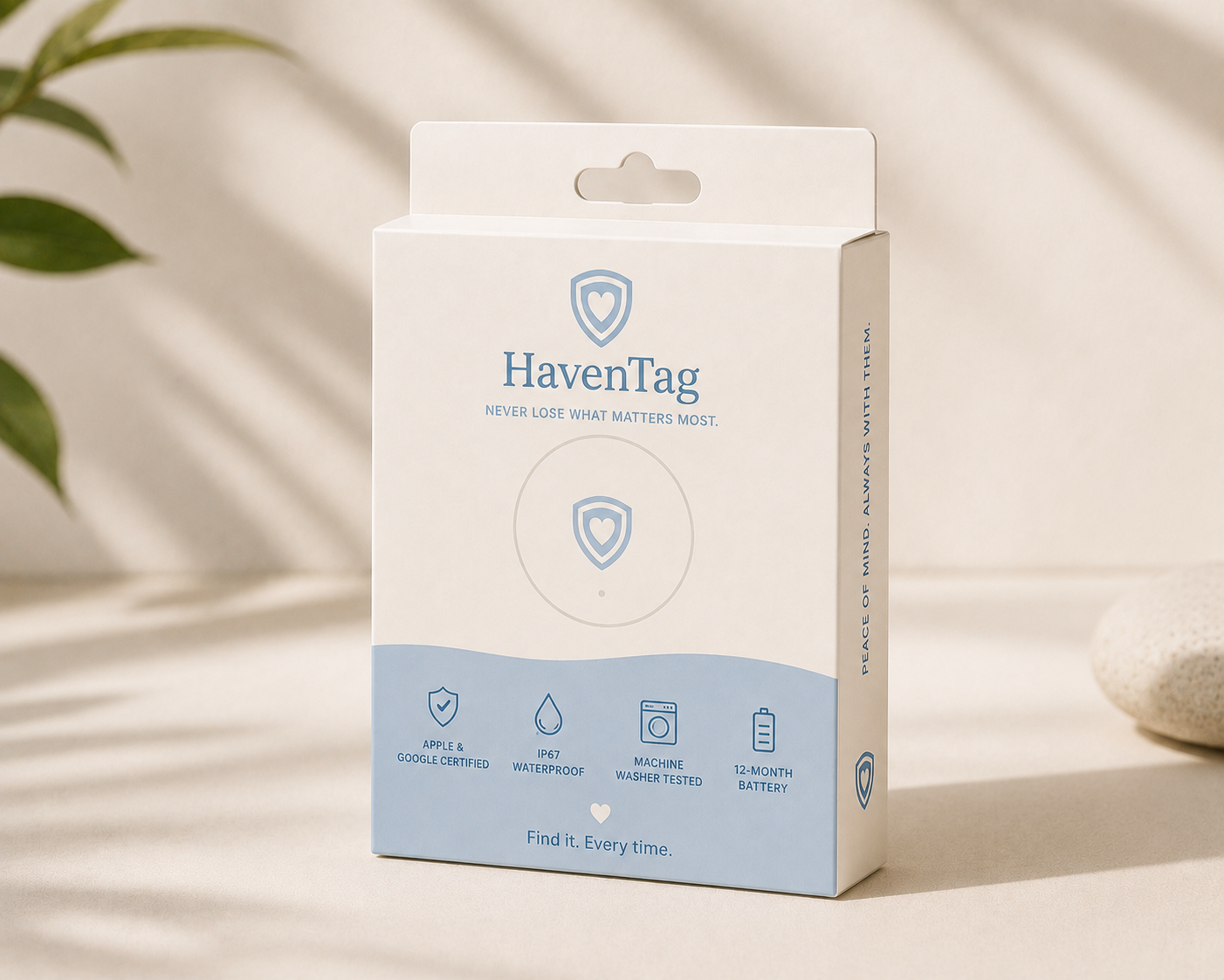 HavenTag Round — Bluetooth tracker in cream white silicone packaging